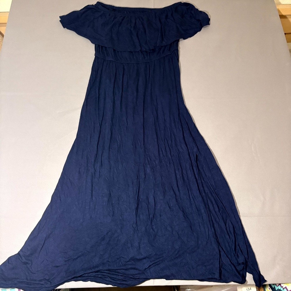 New York & Co Ruffle Off Shoulder Maxi Dress Womens Large Navy Blue Side Slit